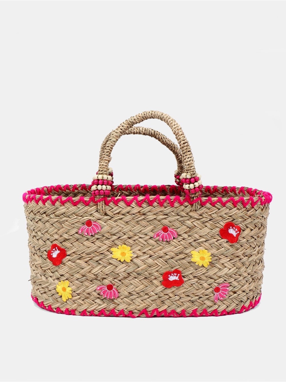 Pia Rossini. NWT. Summer ‘26. Embroidered Straw Tote with Hot Pink Trim.